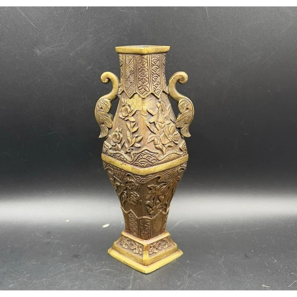 Vintage Chinese Brass Carving Vase Flowers Iris Morning Glory 6